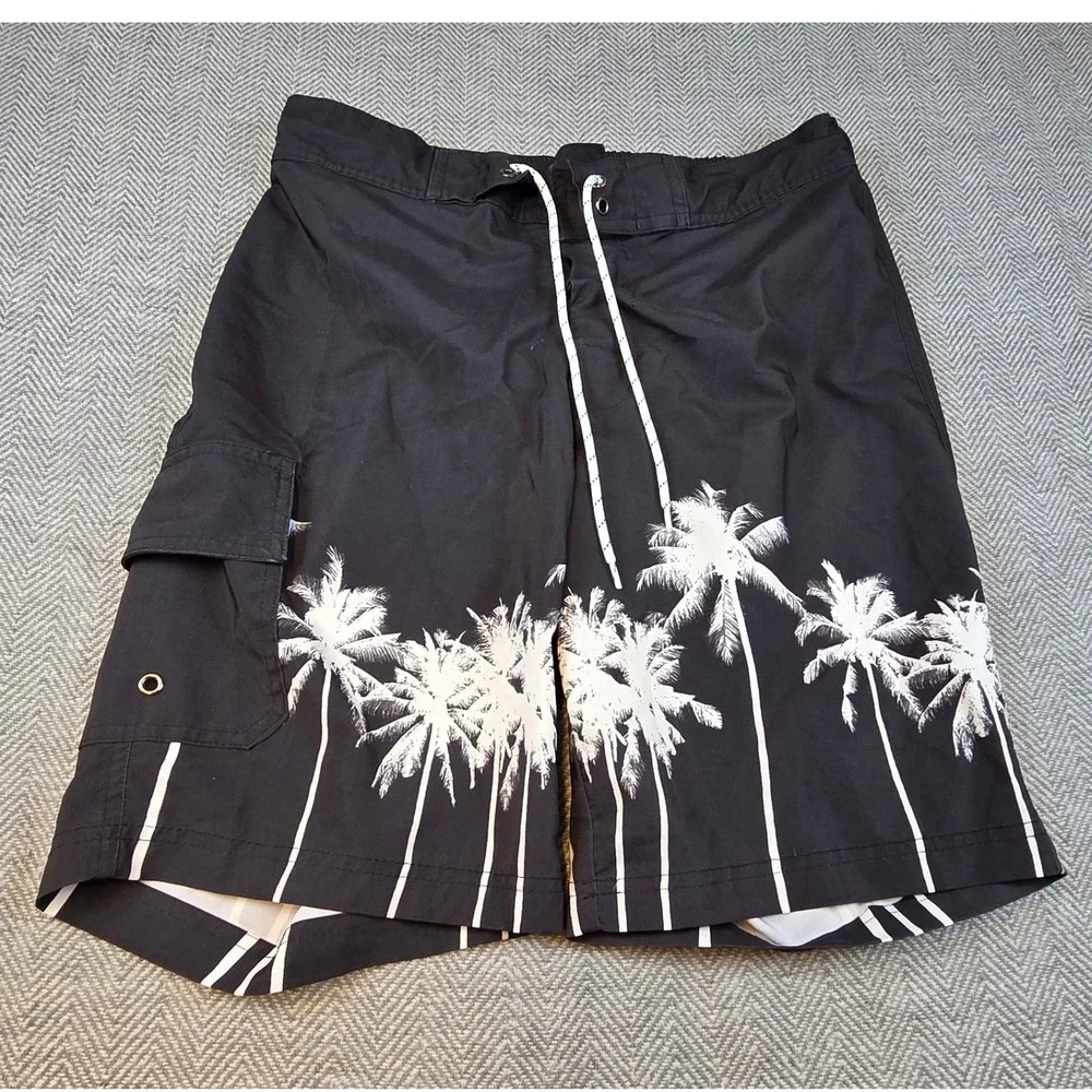 Arizona Jean Co Mens Black White Palm Tree Board Shorts Medium Swim Trunks